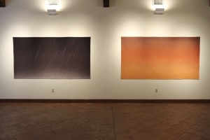 Endings series, Installation image from Crisp-Ellert Art Museum, March 2013. Left: Black Gold (Sunrise, January 10th, 1901, Spindletop, Texas), 2011, hand-dyed, hand-stitched cotton, courtesy of the artist and Elizabeth Leach Gallery, Portland, OR.  Right: “Gold! Gold! Gold from the American River!" (Sunset, January 24, 1848, Sutter's Mill, Coloma, California), 2008, hand-dyed, hand-stitched cotton, Private Collection.