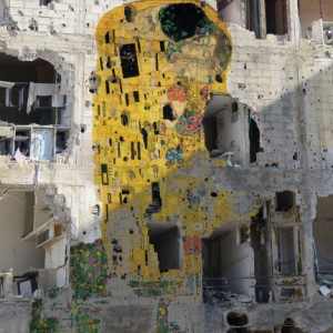 “Freedom Graffiti,” a work by Syrian artist Tammam Azzam, who superimposed Gustav Klimt’s “The Kiss” on to an image of a Syrian bombsite.  Tammam Azzam is represented by Ayyam Gallery, www.ayyamgallery.com